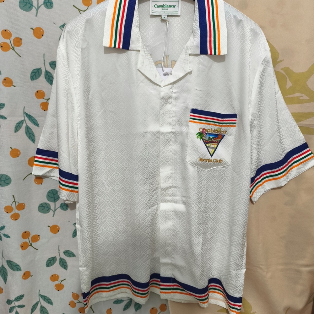 Casablanca White Short-Sleeve Button-Down Shirt with Multicolor Stripe Trim